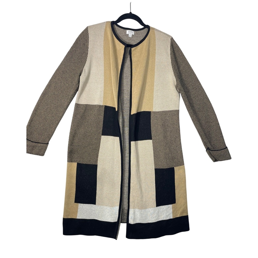 Jones Studio Cardigan Sweater M Beige Black Geometric Print Cotton Blend Knit